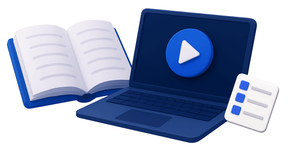 Book, laptop, and notes illustrating learning resources